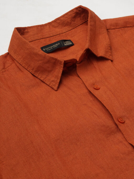 Men's Rust 100% Linen Regular Fit Shirt - Image 8