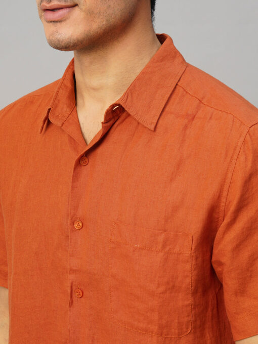 Men's Rust 100% Linen Regular Fit Shirt - Image 7