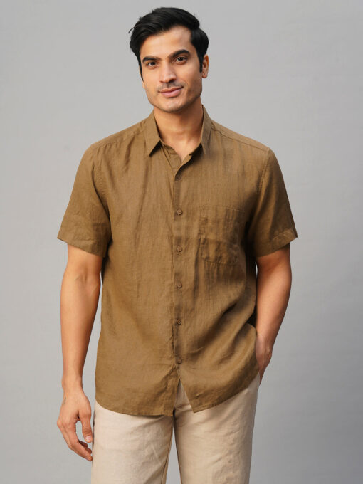 Men's Tobacco 100% Linen Regular Fit Shirt - Image 2