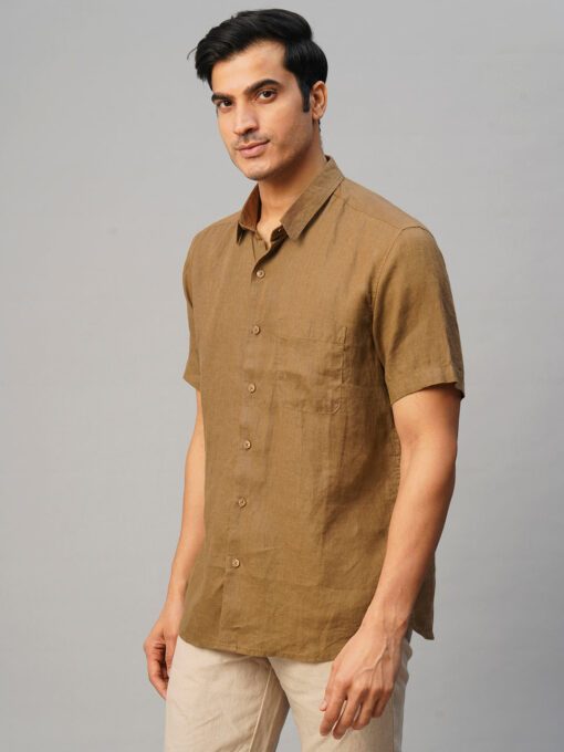 Men's Tobacco 100% Linen Regular Fit Shirt - Image 3