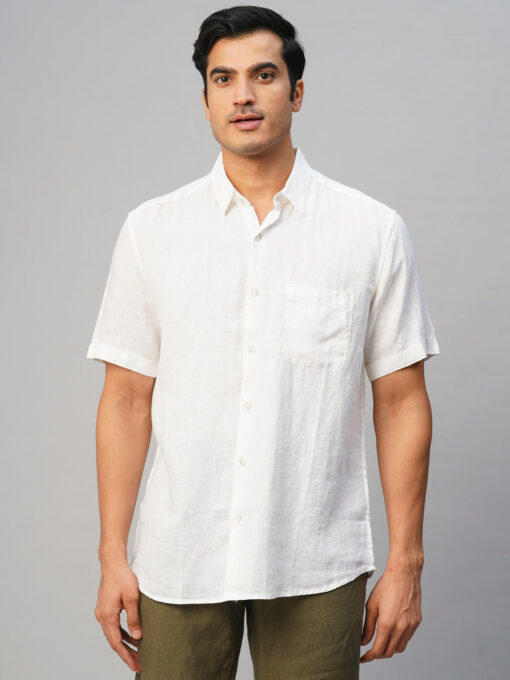 Men's White 100% Linen Regular Fit Shirt - Image 2