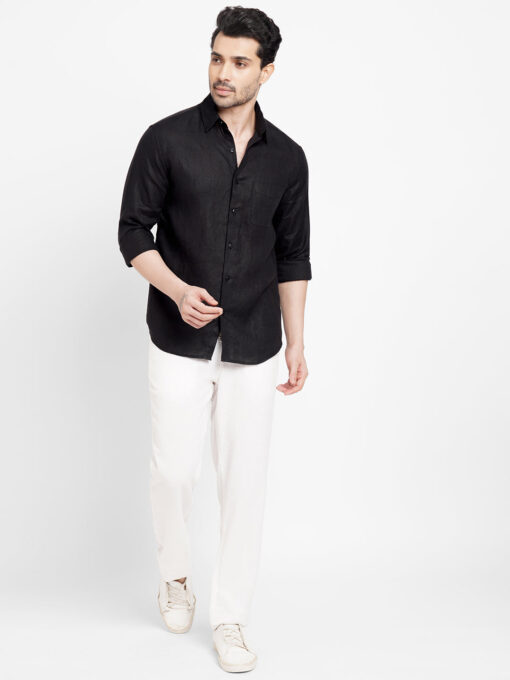 Men's Black 100% Linen Regular Fit Long Sleeved Shirt - Image 2