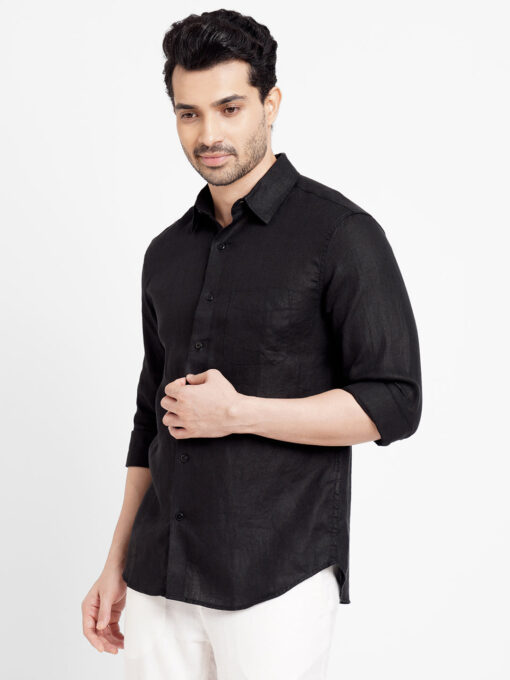 Men's Black 100% Linen Regular Fit Long Sleeved Shirt - Image 3