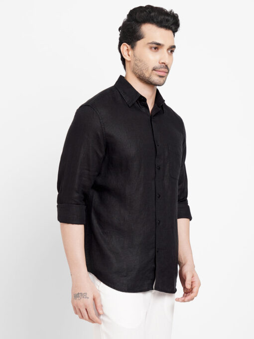 Men's Black 100% Linen Regular Fit Long Sleeved Shirt - Image 4