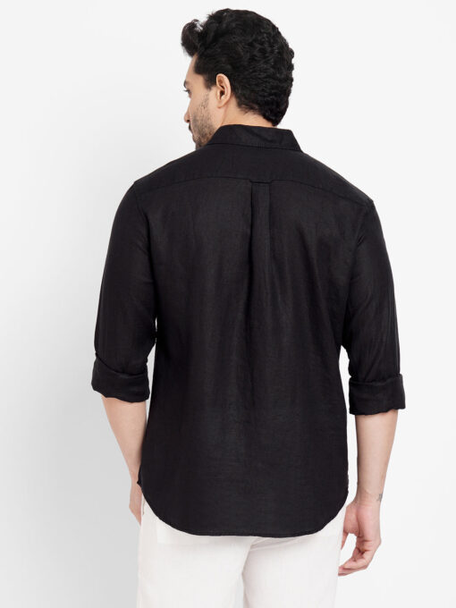 Men's Black 100% Linen Regular Fit Long Sleeved Shirt - Image 5