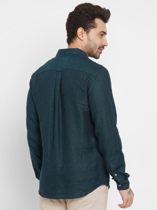 Men's Dark Green 100% Linen Regular Fit Long Sleeved Shirt - Image 4