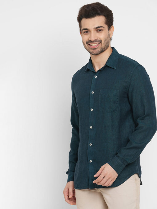 Men's Dark Green 100% Linen Regular Fit Long Sleeved Shirt - Image 2