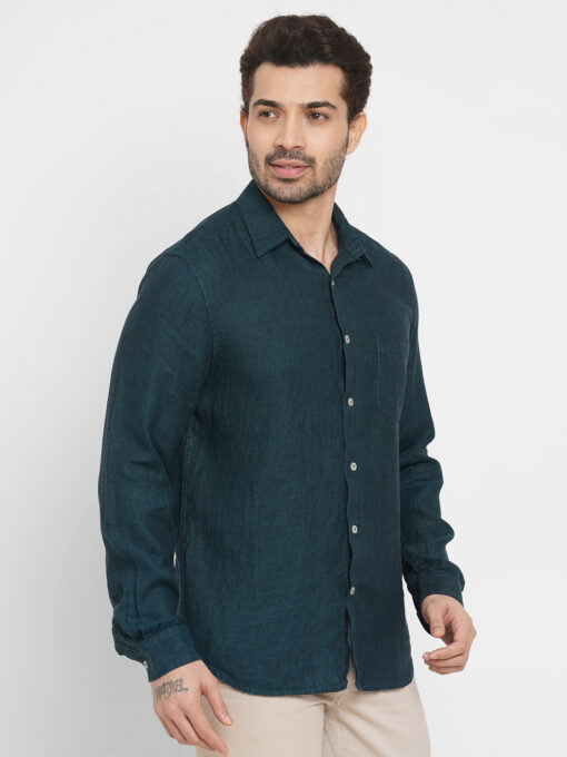 Men's Dark Green 100% Linen Regular Fit Long Sleeved Shirt - Image 3