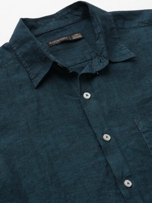 Men's Dark Green 100% Linen Regular Fit Long Sleeved Shirt - Image 8