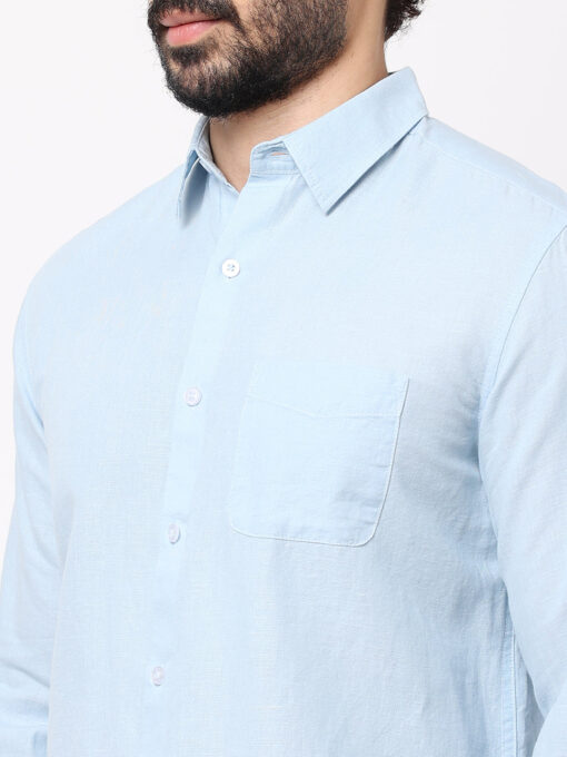 Men's 100% Linen Sky Blue Regular Fit Striped Shirt - Image 7