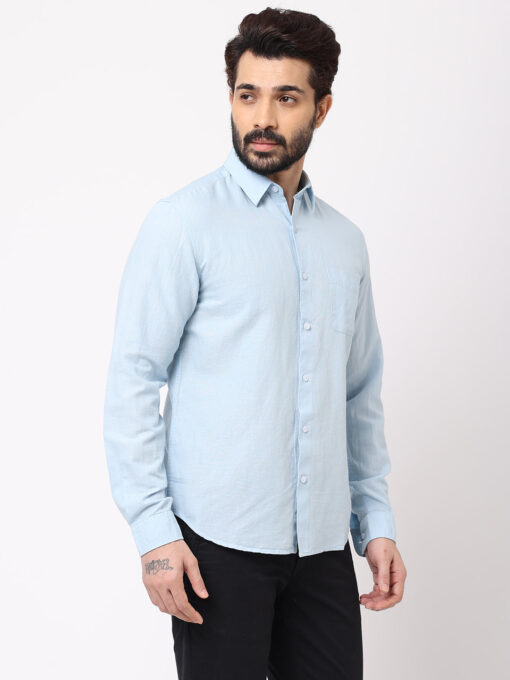 Men's 100% Linen Sky Blue Regular Fit Striped Shirt - Image 3