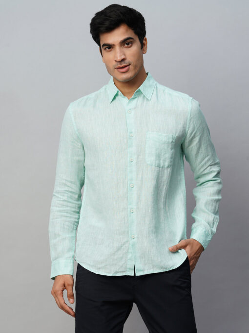 Men's Mint Green 100% Linen Regular Fit Long Sleeved Shirt - Image 2