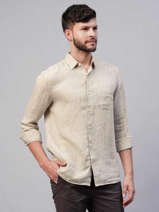 Men's Natural 100% Linen Regular Fit Long Sleeved Shirt - Image 4