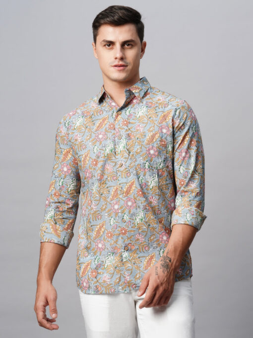 Men's Grey Cotton Regular Fit Printed Shirt - Image 3