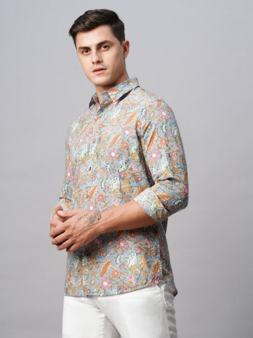 Men's Grey Cotton Regular Fit Printed Shirt - Image 4