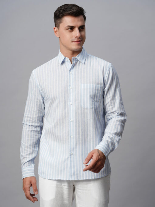 Men's Blue Linen Cotton Regular Fit Striped Shirt - Image 2