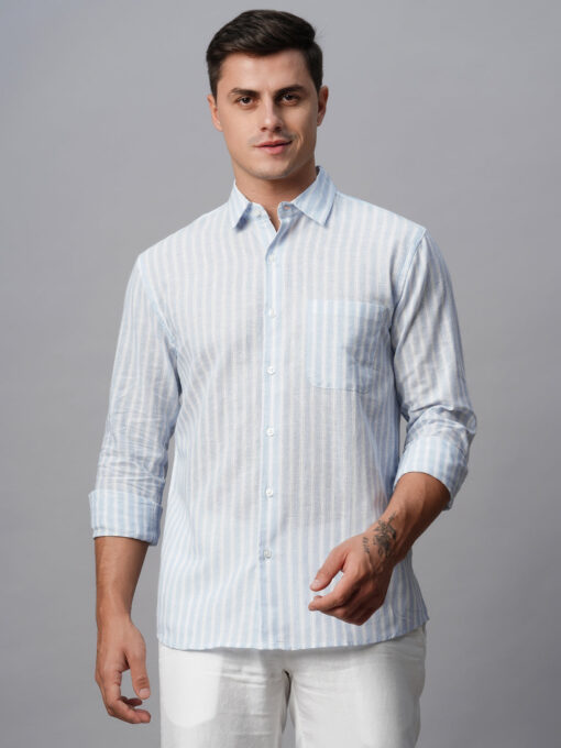 Men's Blue Linen Cotton Regular Fit Striped Shirt - Image 3