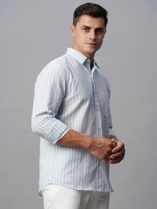 Men's Blue Linen Cotton Regular Fit Striped Shirt - Image 5