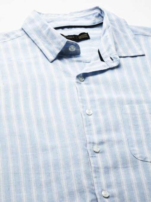 Men's Blue Linen Cotton Regular Fit Striped Shirt - Image 9