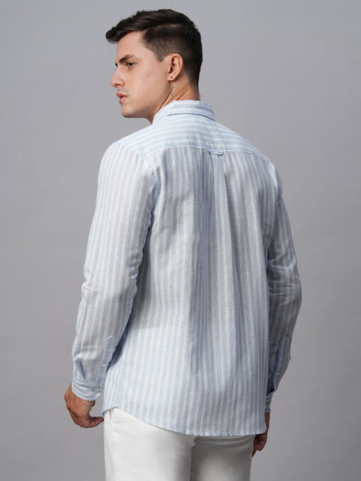 Men's Blue Linen Cotton Regular Fit Striped Shirt - Image 6