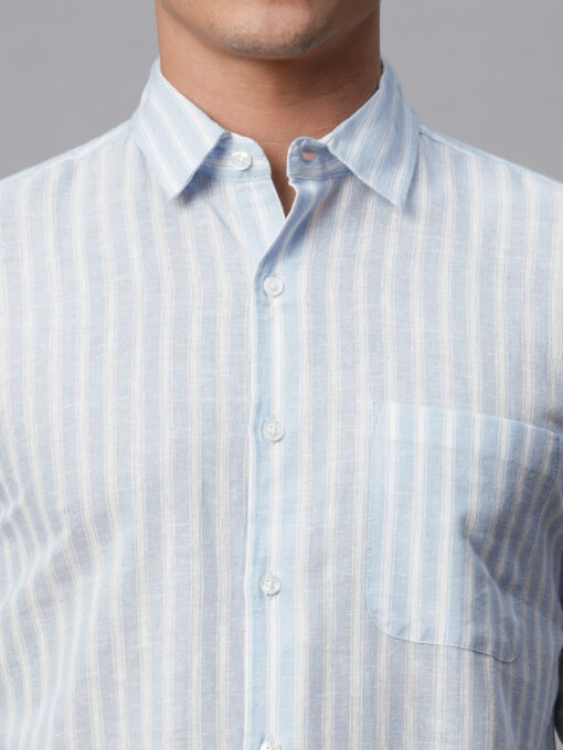 Men's Blue Linen Cotton Regular Fit Striped Shirt - Image 7