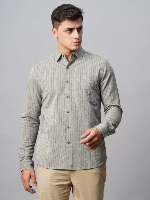 Men's Green Linen Cotton Regular Fit Striped Shirt - Image 2