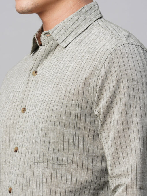 Men's Green Linen Cotton Regular Fit Striped Shirt - Image 8