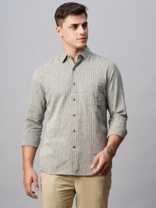 Men's Green Linen Cotton Regular Fit Striped Shirt - Image 3