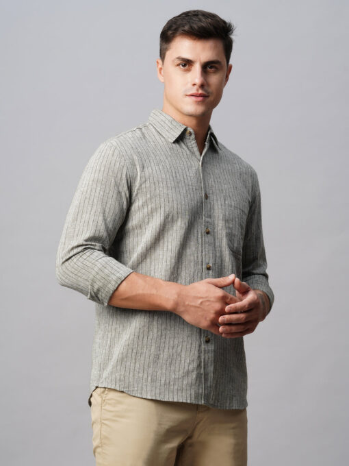 Men's Green Linen Cotton Regular Fit Striped Shirt - Image 5