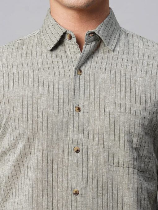 Men's Green Linen Cotton Regular Fit Striped Shirt - Image 7