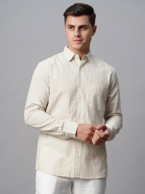 Men's Khaki Linen Cotton Regular Fit Striped Shirt - Image 2