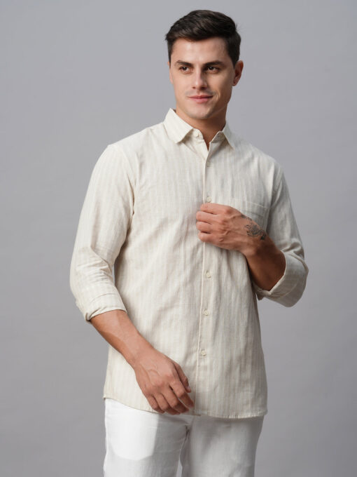 Men's Khaki Linen Cotton Regular Fit Striped Shirt - Image 3