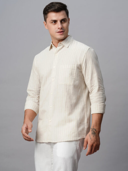 Men's Khaki Linen Cotton Regular Fit Striped Shirt - Image 4