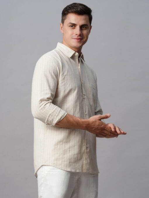 Men's Khaki Linen Cotton Regular Fit Striped Shirt - Image 5