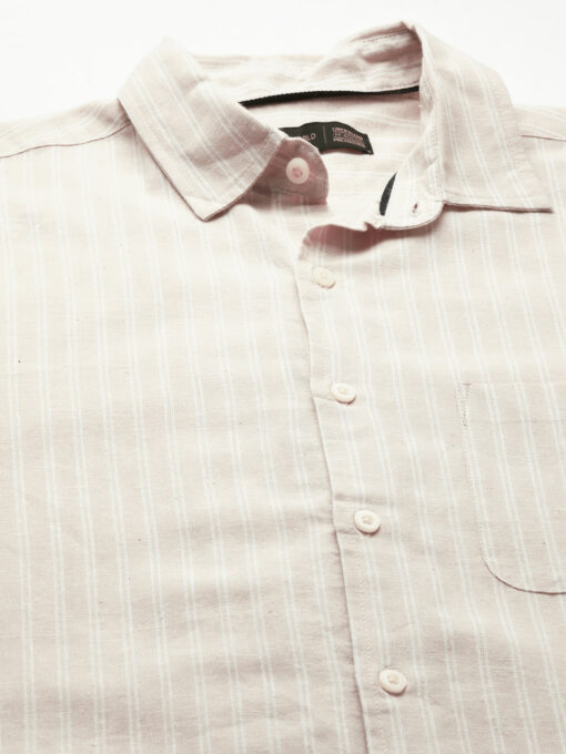 Men's Khaki Linen Cotton Regular Fit Striped Shirt - Image 9