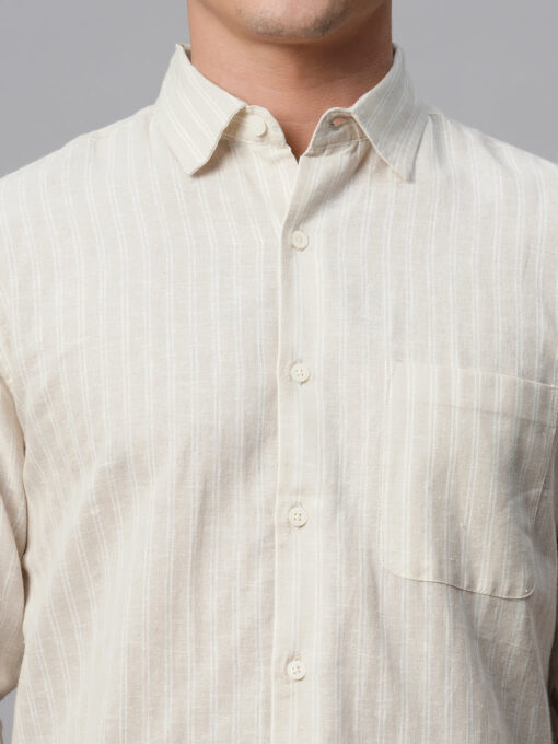 Men's Khaki Linen Cotton Regular Fit Striped Shirt - Image 7