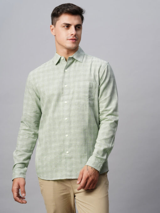 Men's Green Linen Cotton Regular Fit Checked Shirt - Image 2