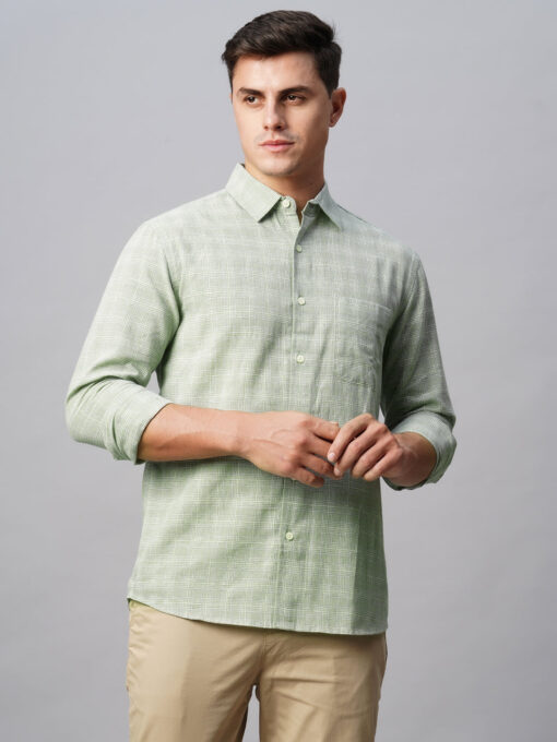 Men's Green Linen Cotton Regular Fit Checked Shirt - Image 3