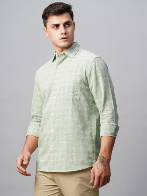 Men's Green Linen Cotton Regular Fit Checked Shirt - Image 4