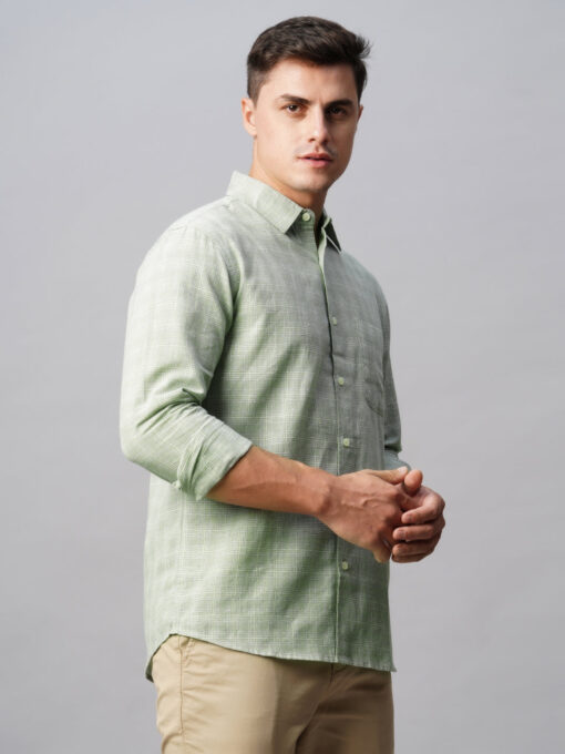 Men's Green Linen Cotton Regular Fit Checked Shirt - Image 5