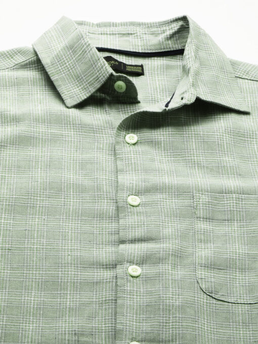 Men's Green Linen Cotton Regular Fit Checked Shirt - Image 9