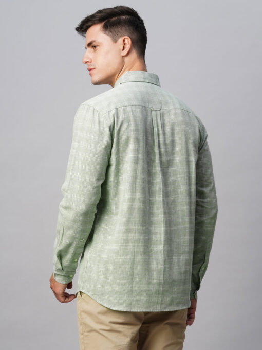 Men's Green Linen Cotton Regular Fit Checked Shirt - Image 6