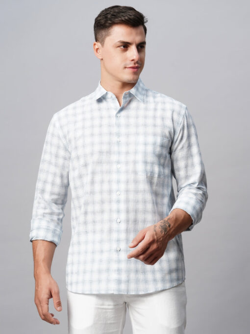 Men's White Linen Cotton Regular Fit Checked Shirt - Image 2