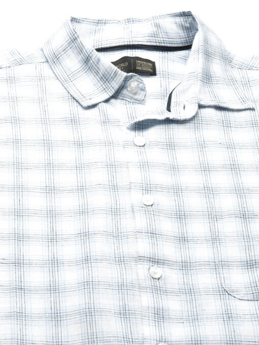 Men's White Linen Cotton Regular Fit Checked Shirt - Image 9