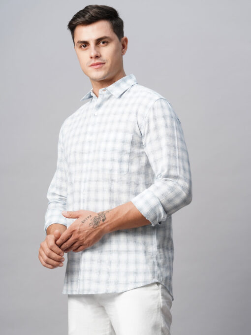 Men's White Linen Cotton Regular Fit Checked Shirt - Image 4