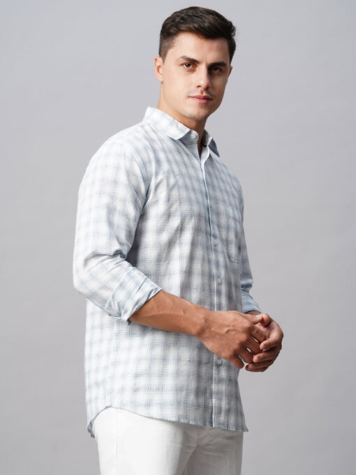 Men's White Linen Cotton Regular Fit Checked Shirt - Image 5