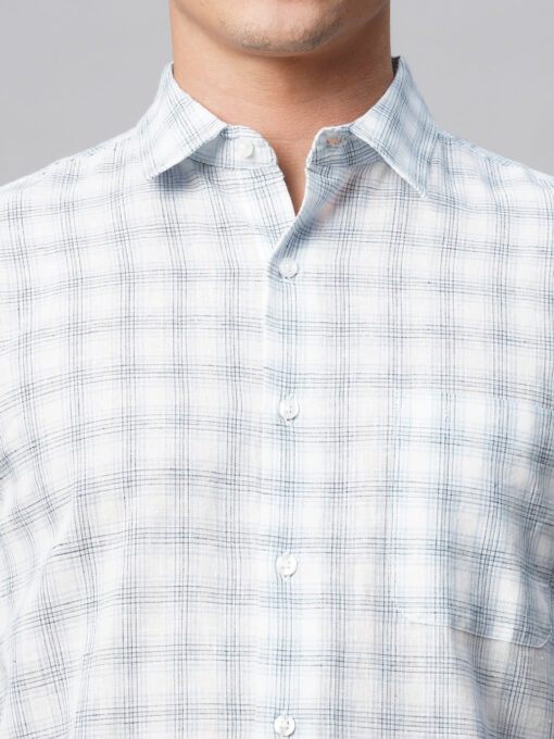 Men's White Linen Cotton Regular Fit Checked Shirt - Image 7