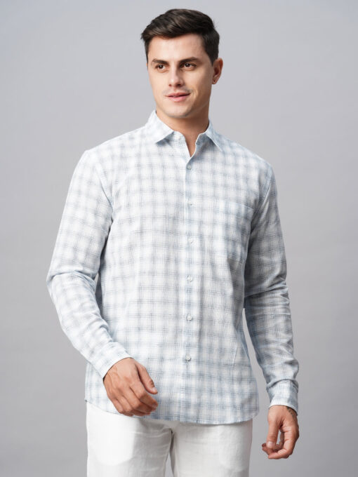 Men's White Linen Cotton Regular Fit Checked Shirt - Image 3