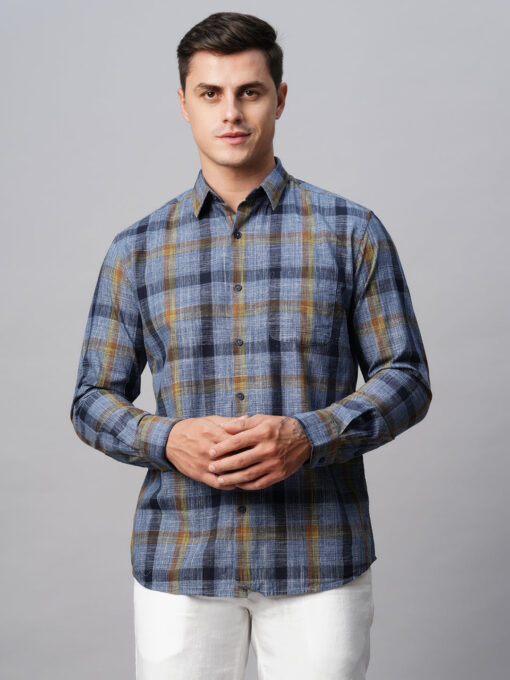 Men's Navy Cotton Regular Fit Checked Shirt - Image 2