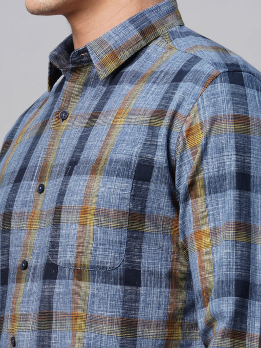 Men's Navy Cotton Regular Fit Checked Shirt - Image 8